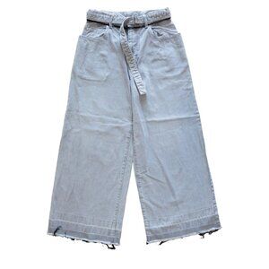 SACAI Light Gray Cotton Denim Belted Ankle Fringe Washed Wide Leg Jeans 1 S